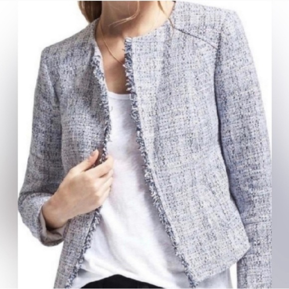 Banana Republic Tweed Blazer Woven in Italy by Nova Fides Size 4 White Blue Blk - Picture 1 of 10